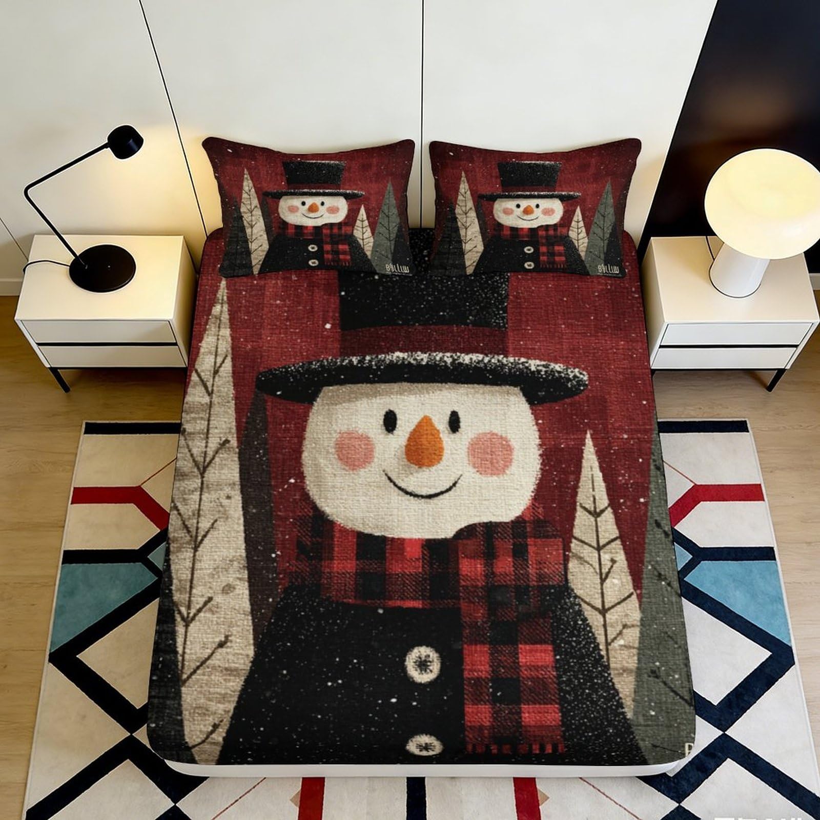 3D Printed Snowman Winter Fitted Sheet Microfiber Soft Durable 90x200cm Christmas Bed Cover for Bedroom Dormitory Guest Room Protection 140x200x25cm