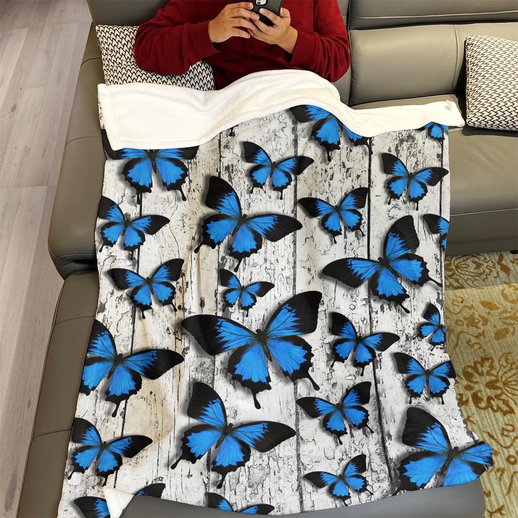 60"x80" Vintage Blue Butterfly Blanket - Soft Fleece Throw, Rustic Wood Design for Couch