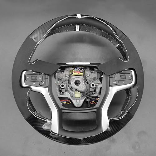 Vista 17 de MEWANT Funda de volante para Chevy Silverado 1500 / Silverado 2500/3500/Blazer/Suburban/Tahoe - Cuero negro