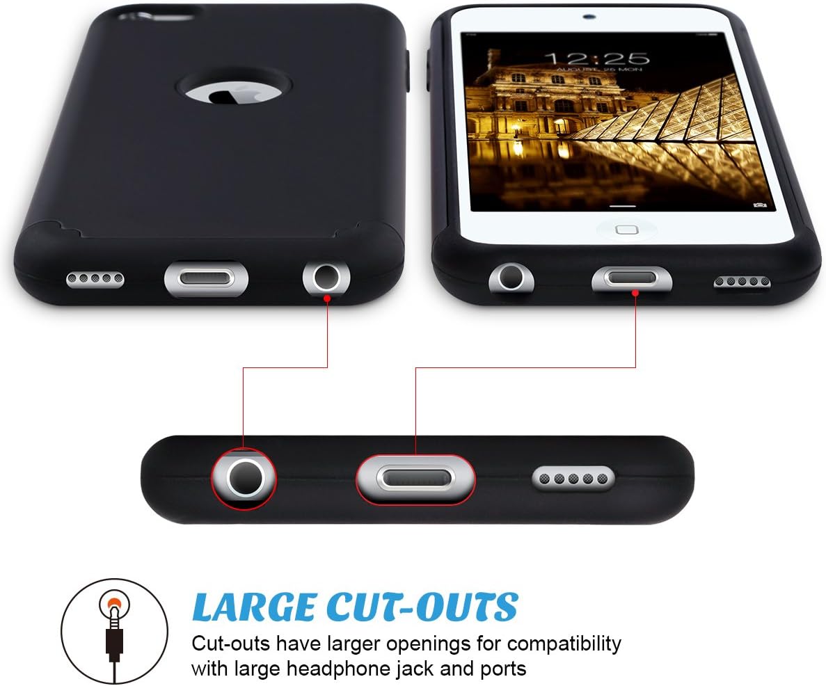 ULAK iPod Touch 7 Case, iPod Touch 6 Case, Slim Fit Protective Hybrid Dual Layer Soft Silicone and Hard Back Cover for Apple iPod Touch 5th/6th/7th Gen, Black