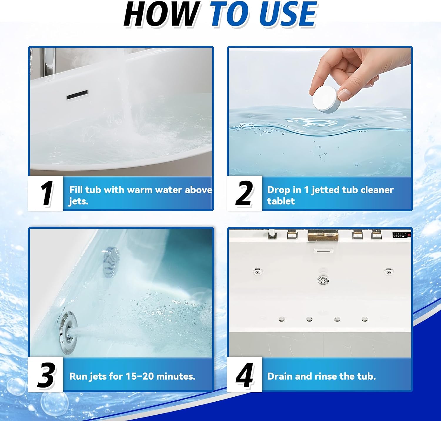 Bellisinno Jetted Tub Cleaner Bathtub Tabs, Bathtub Cleaner for Whirlpool, Spa Tubs & Hot Tubs, Deep Cleans Tub Jets, Removes Scale, Buildup & Residue, 12 Tablets