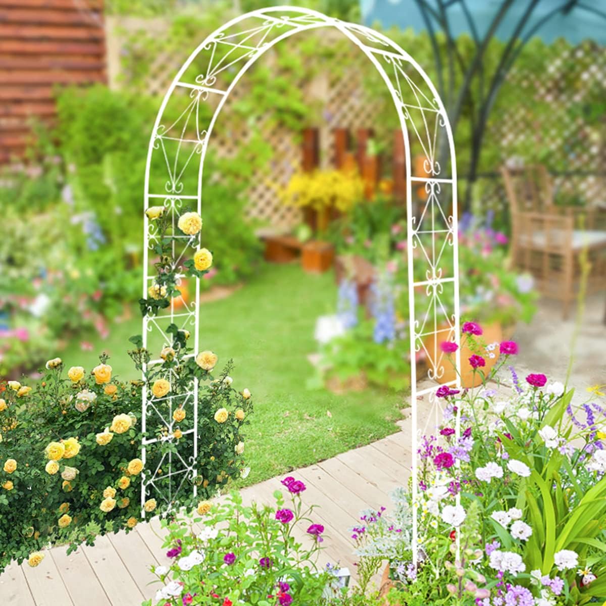 Garden Arch with Gate Trellis Ardrum Archway Metal Wedding for Various Climbing Plant Outdoor Garden Lawn Backyard Indoor / Outdoor Garden Pergola Arch White