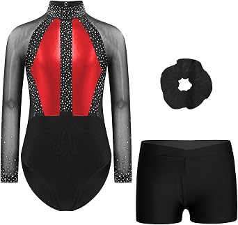 FEESHOW Kids Girls Sparkle Long Sleeve Sheer Mesh Leotards with Gymnastics Shorts Hairband Athletic Dancing Costume