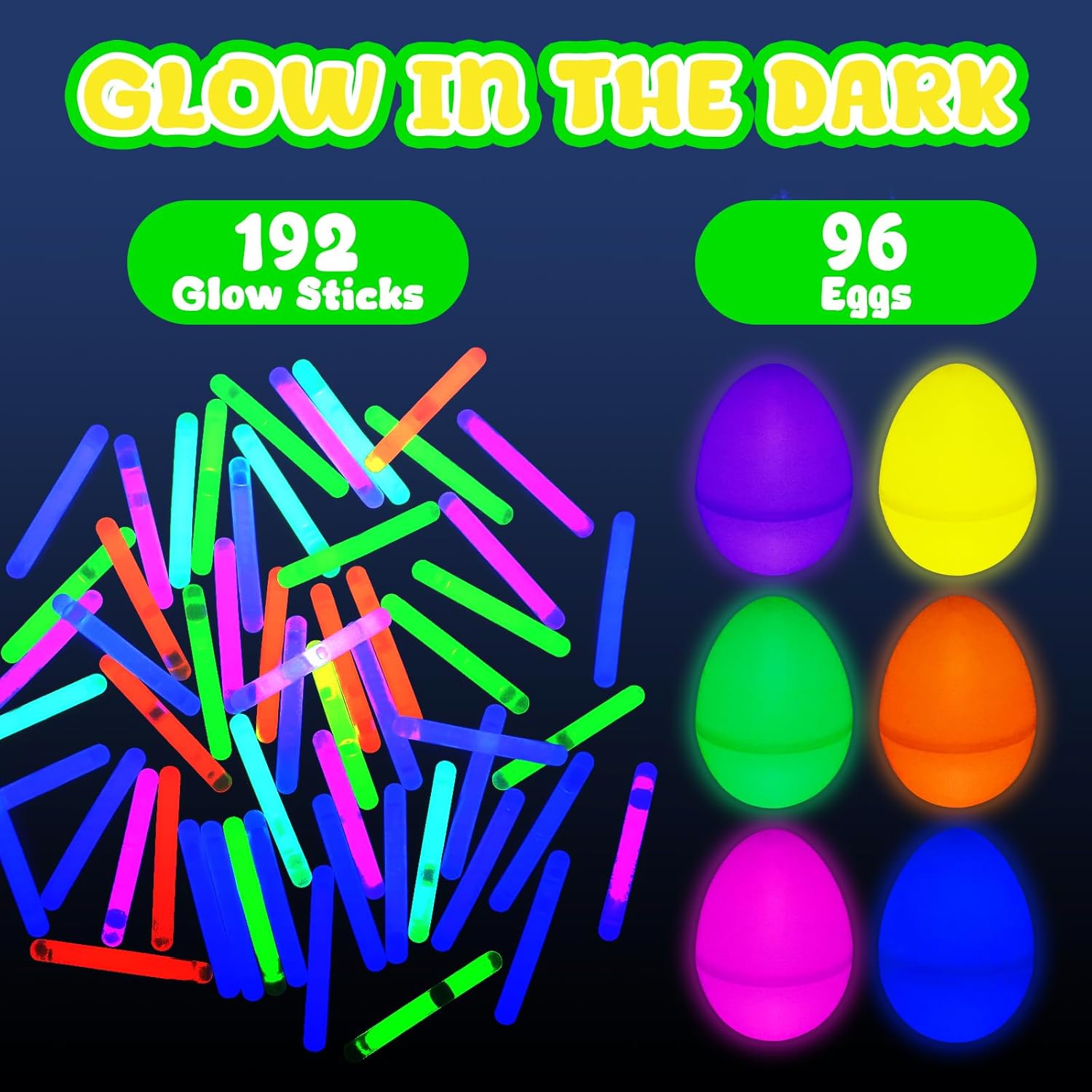 MGparty Glow in The Dark Easter Eggs, 96 Plastic Eggs with 192 Mini Glow Sticks for Kids Easter Basket Stuffers Party Favors Egg Hunt Supplies and Easter Decorations