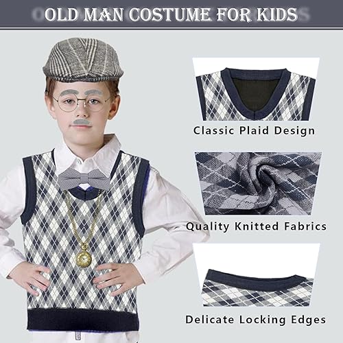 Miniatura 4 de IncreDecor Disfraz de anciano para niños, disfraz de 100 días de escuela para niños, disfraz de abuelo de Halloween, conjunto de accesorios