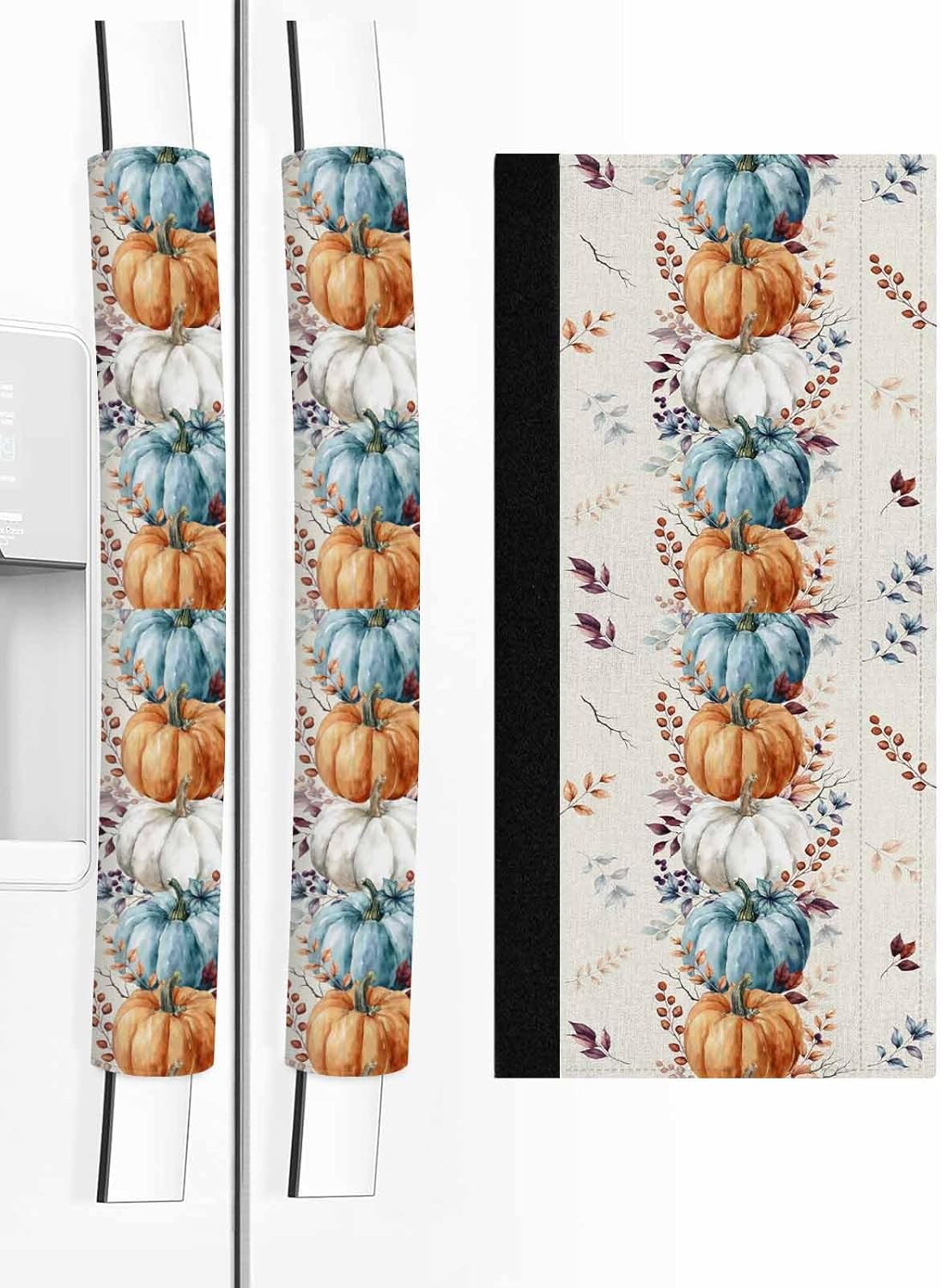 Fall Burlap Refrigerator Door Handle Covers Set of 2 for Dishwasher Microwave Oven Fridge Stove Appliance Door Handles,Washable Kitchen Decor Accessories,Teal Orange White Pumpkin Eucalyptus Leaves