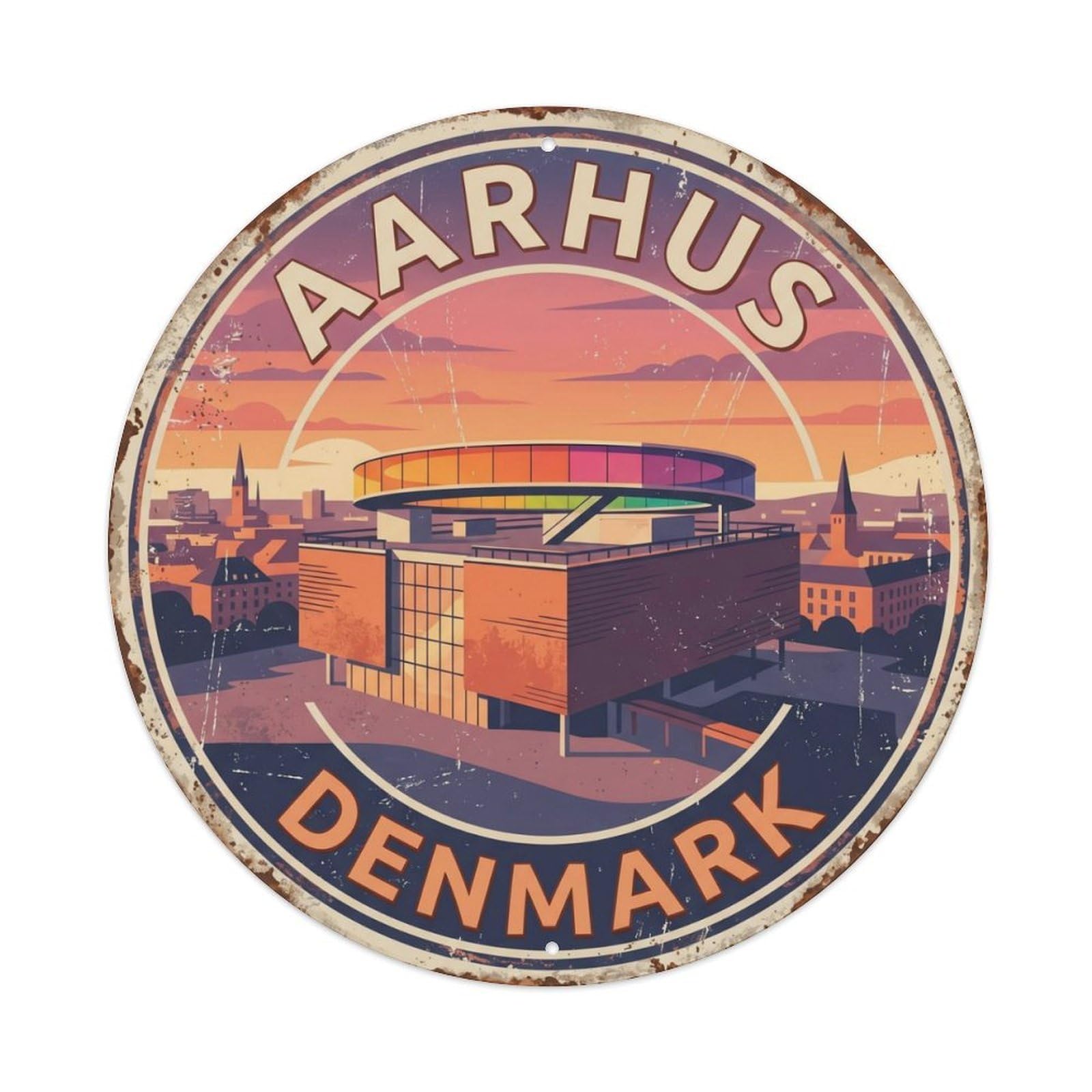 Vintage Travel Aarhus Denmark Museum Metal Tin Sign Plaque Wall Decor for Cafe, Club Bar, Office, Home Garden Round Metal Poster 8x8Inch