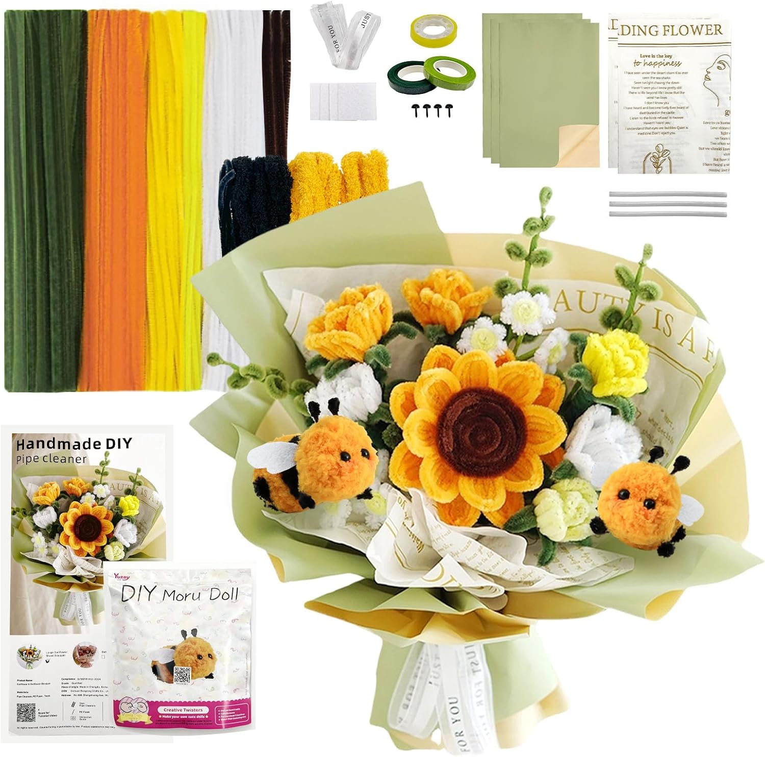 SNAIL GARDEN Pipe Cleaners Craft Kit with Wrapping Paper, Pipe Cleaner Flower Kit with 2 Bees, DIY Sunflower Flower Making Kit with Step by Step Video Tutorial for Beginners, Adults