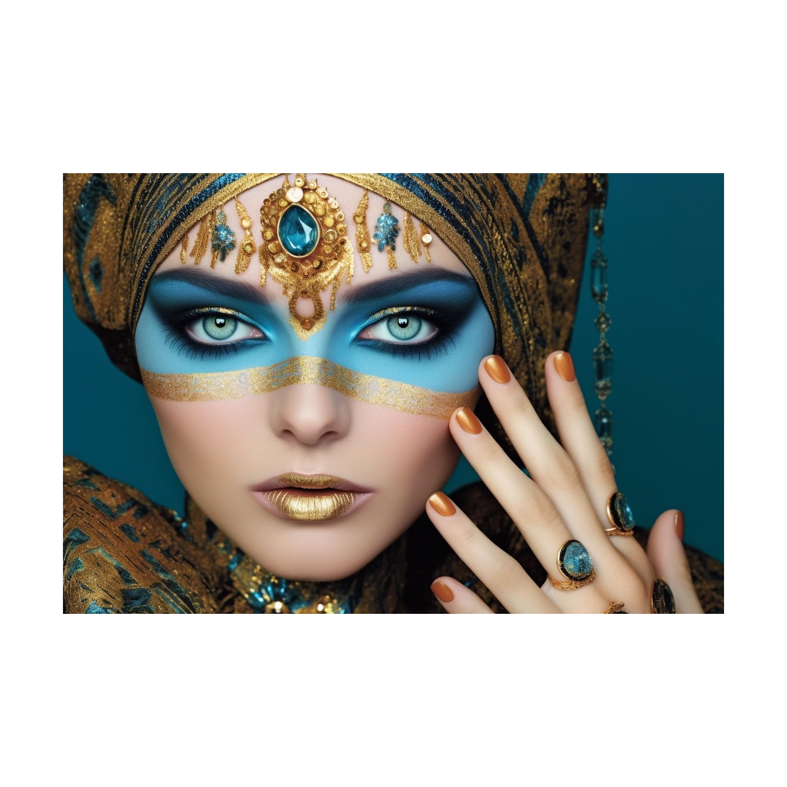 TERUEA Elegant Artwork for Girls Room Bedroom Wall Decor Woman With Blue And Gold Ornate Makeup And Jewelry Vintage Humor Wall Poster for Bathroom Toilet Decor(Blue)-60x90cm Unframed