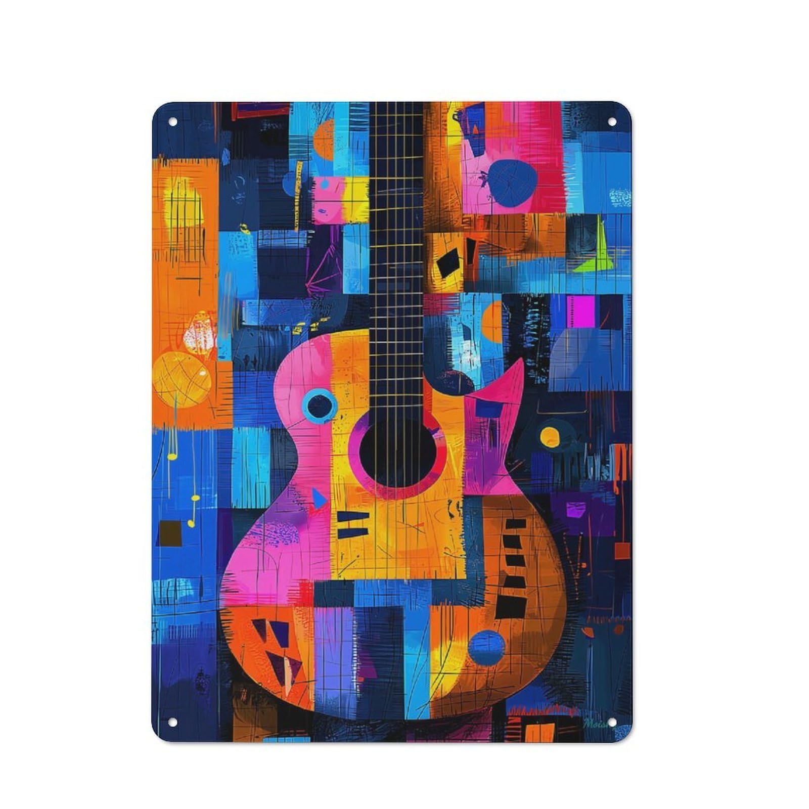 Junmoney Expressionist Geometry Guitar – Vibrant Abstr Act Music Art Tin Sign 40X30cm For Bar Or Restaurant, Retro Wall Decor, For Restaurant Interior Fans