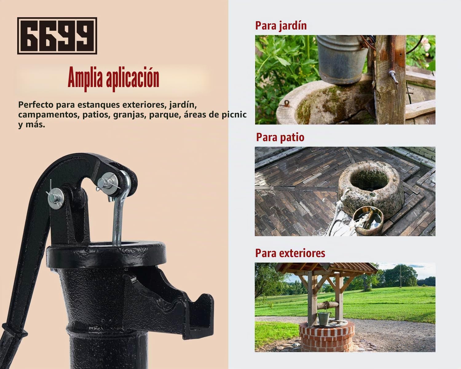 Bomba de jarra de hierro fundido duradera y manual antigua, bomba de succión de pozo, bomba de transferencia de agua, 25 pies, elevación máxima, fácil instalación para jardín, estanque, patios
