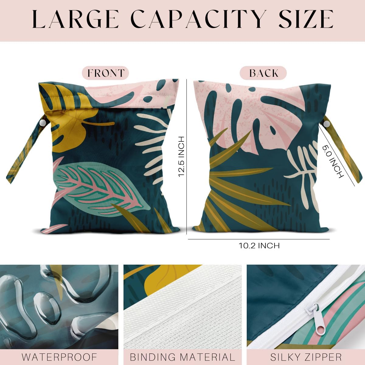 4Pcs Waterproof Wet Bag for Swimsuit, Travel Beach Wet Dry Bag, Hidden Zipper Reusable Palm leaf aloha bags, for Travel Beach Wet Swimsuits Toiletries Diapers Laundry Bag image 2