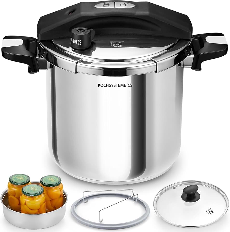 KOCH SYSTEME CS Stainless Steel Pressure Cooker 10.5 Quart, 3-in-1 Olla de Presion, One-Hand Locking, 3 PSI Settings Stovetop Pres