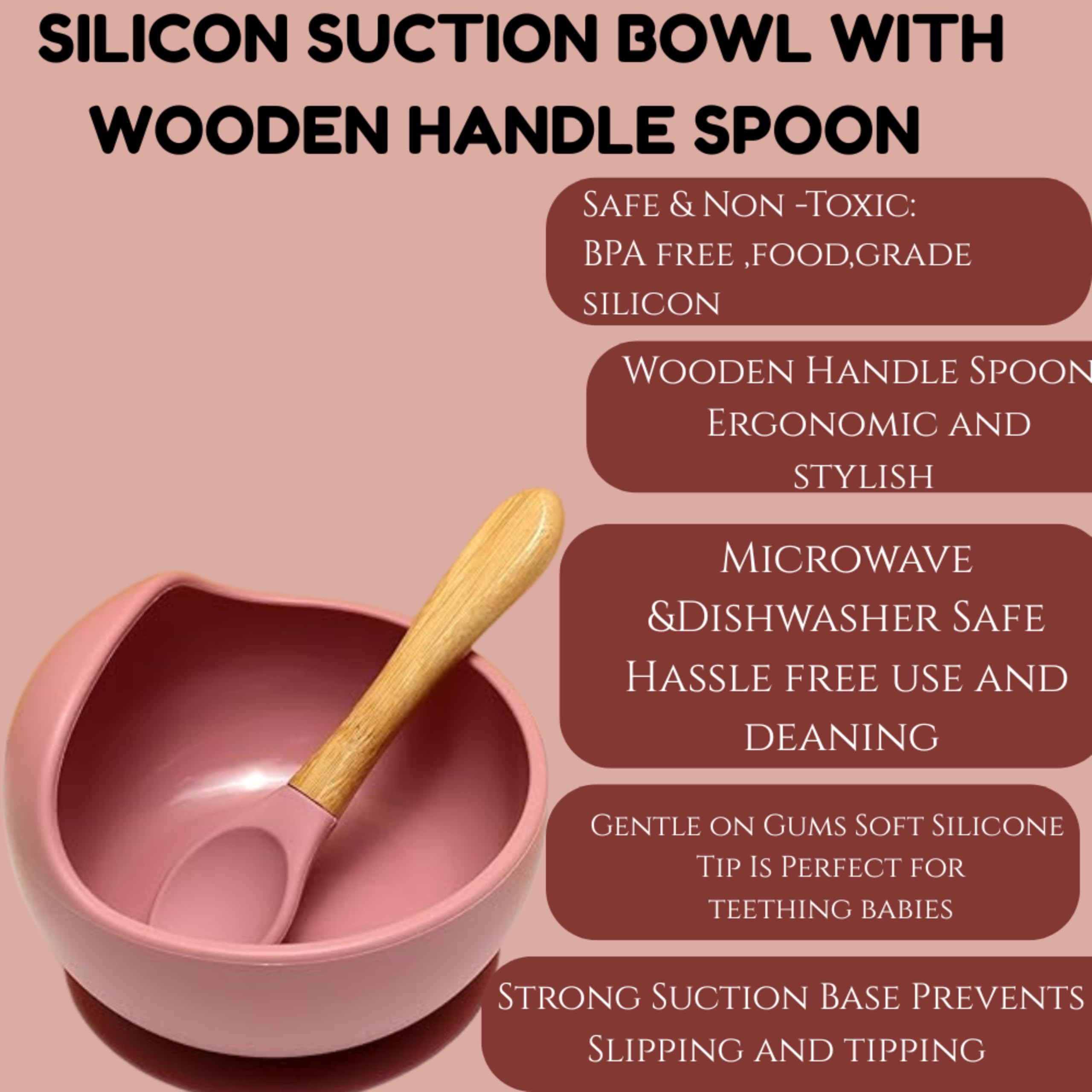 ESLORA Silicon Suction Bowl    Wooden Handle Spoon |BPA-Free,Unbreakable,Non- Slip,Microwave & Dishwasher Safe Feeding Set for Babies& Toddlers (Pink) - Image 6 thumbnail