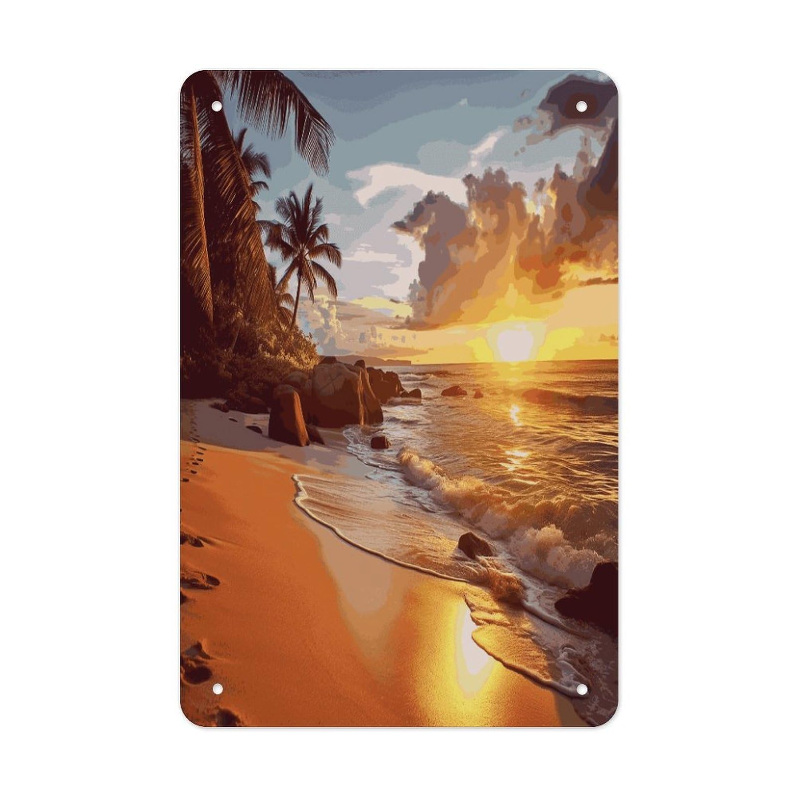 LDGSUPH Tropical Beach at Sunset Wall Art Prints Folded Edge Iron Sheet Painting with Holes for Wall Prints Decorative Picture Metal Signboard Decor Painting for Outdoor Indoor Wall Decor