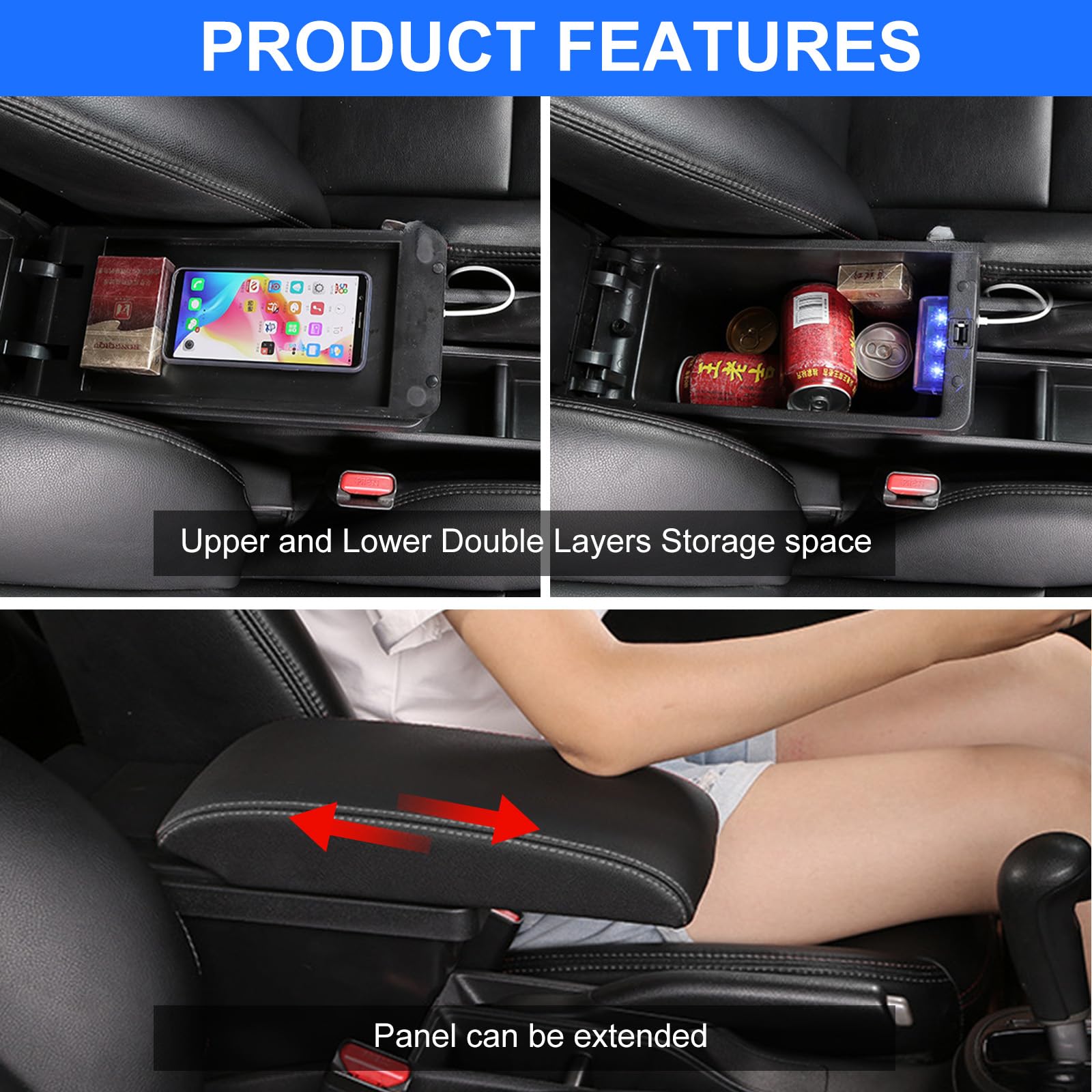 Auto Bracciolo Compatibile con VW Polo 2019 2020 2021 2022 2023 2024 Scatola Portaoggetti per Bracciolo Console Centrale Poggiabraccio Braccio vano Portaogget 3 Porte di USB - Linea Bianca