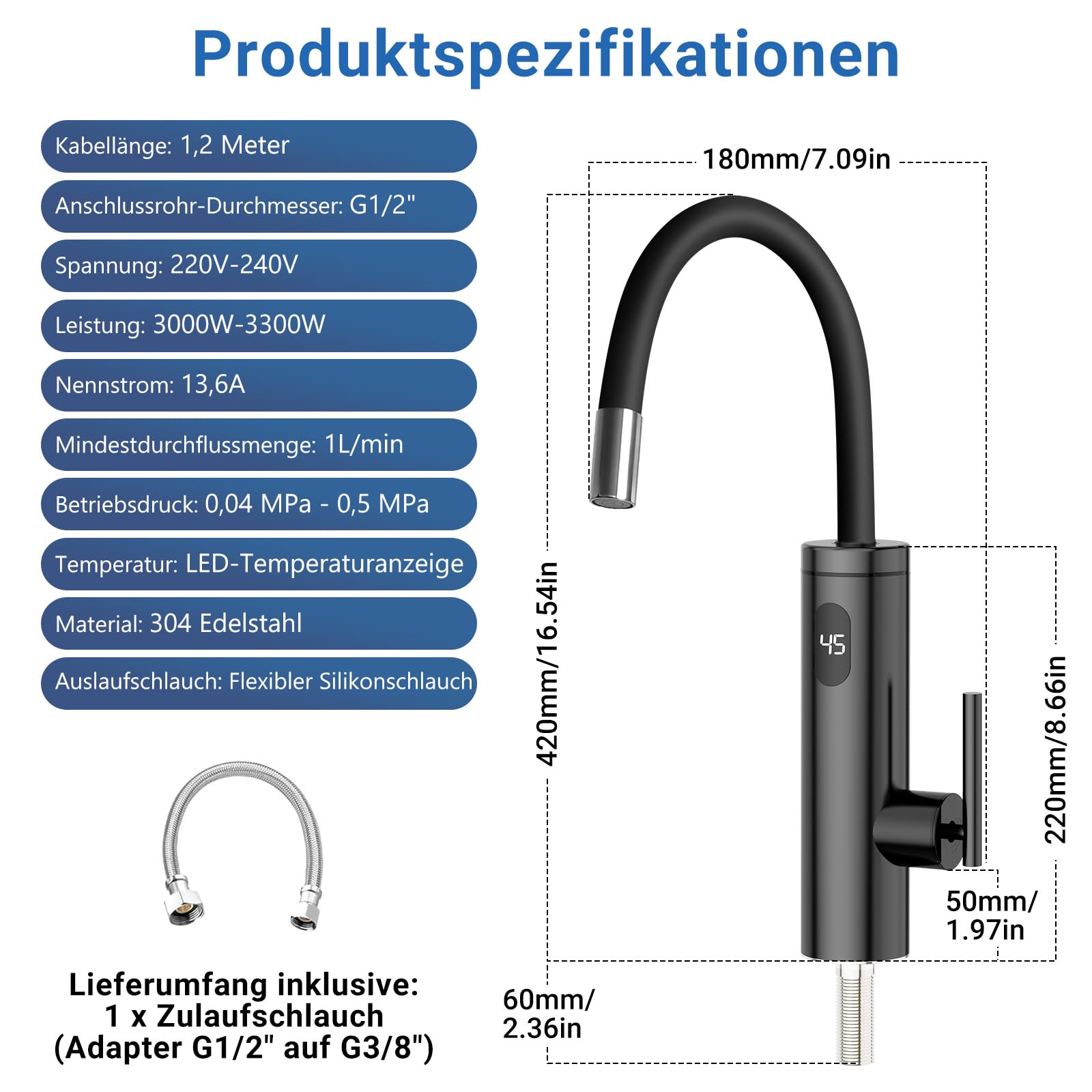 Robinet avec Chauffe-eau Instantané, 3300W Acier Inoxydable Mitigeur électrique avec Chauffe-eau Intégré avec 40cm Tuyau d'alimentation en Eau, 360° Flexible Rotatif, LED Température, Noir