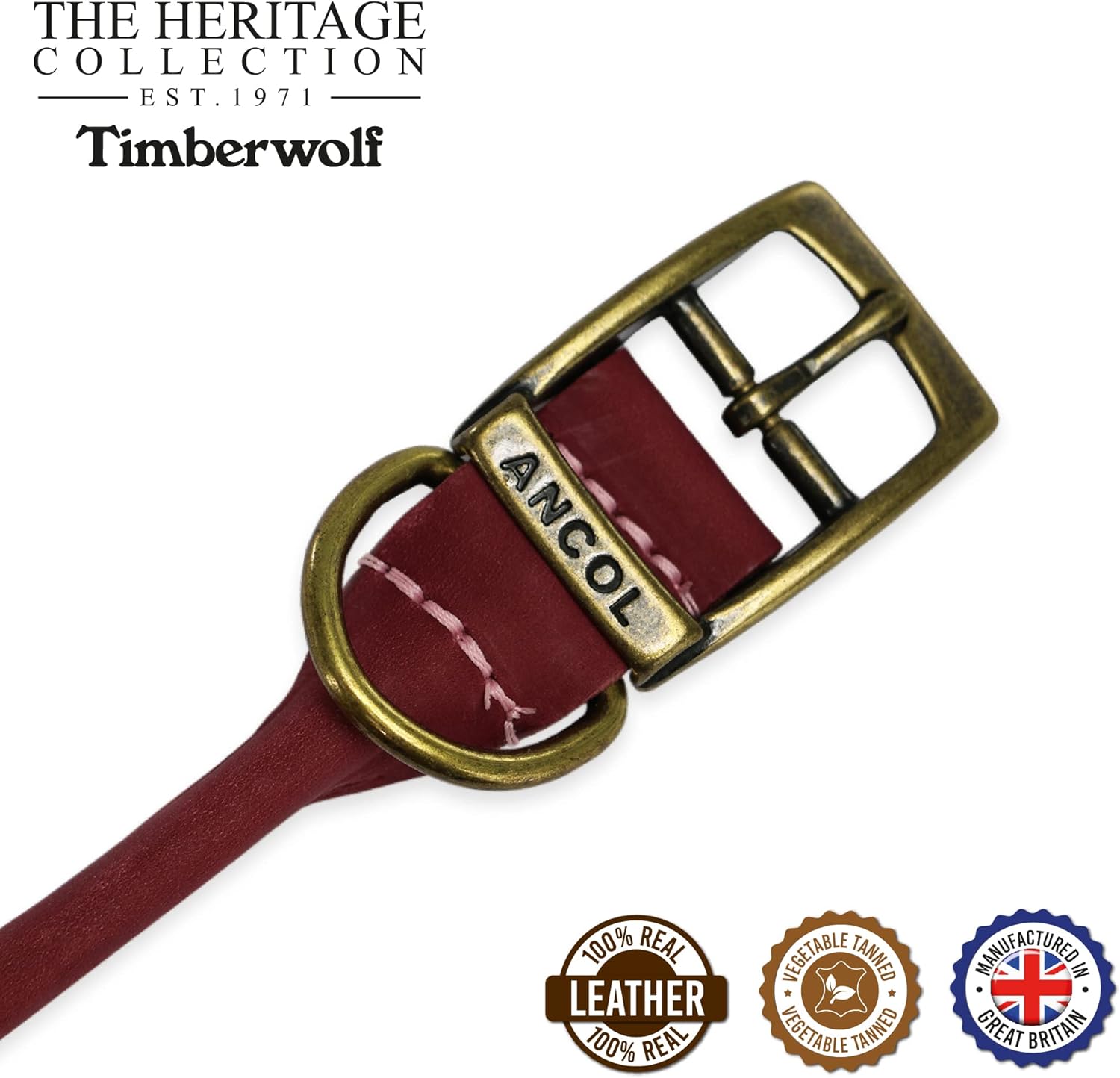 Ancol Timberwolf Round Leather Collar Raspberry 50-59cm Size 7
