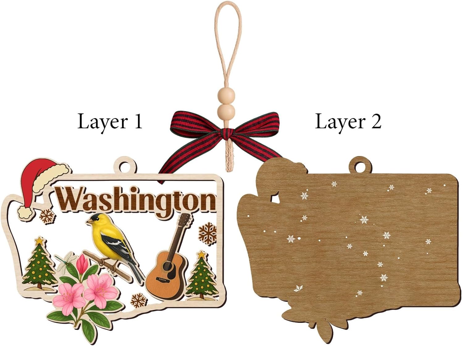 Washington State Christmas Wooden Ornament - State USA Ornament - Moving to Washington Gift - Travel Gift - 2 Layer Laser Cut Wooden Ornament - Image 3