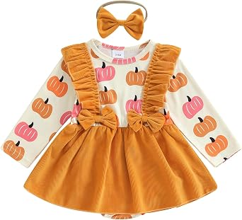 Ayalinggo My First Halloween Baby Girl Outfit Newborn Pumpkin Pie Romper Skirt Happy Thanksgiving Fall Clothes with Headband