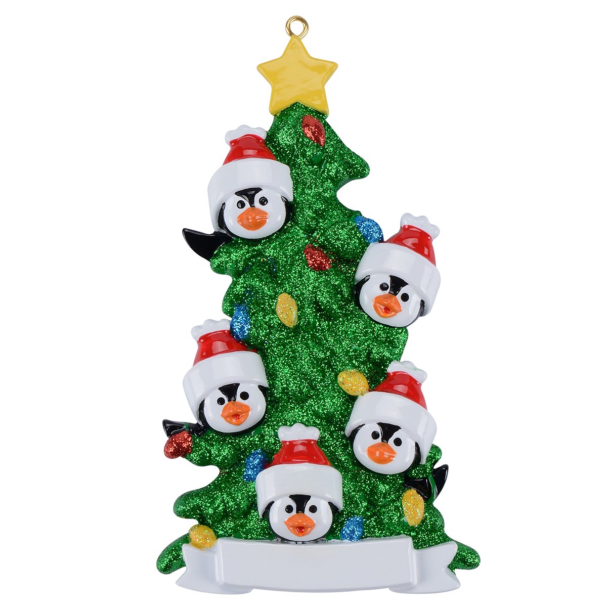 Penguin Family of 5 Personalized Christmas Ornament Polyresin Green Glitter Christmas Tree Family Ornament Unique Keepsake Gifts for Kids, Grandkids, Grandparents