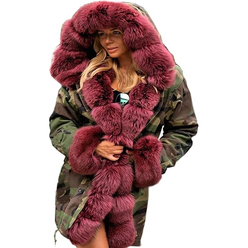 Roiii Women Thicken Warm Winter Coat Hood Down Parka Faux Fur Outdoor Overcoat Long Jacket Outwear