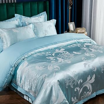 Luxury Jacquard Satin Duvet Cover Set, Silk Like Floral Bedding Sets with Zipper Closure, Soft Comfy Reversible Microfiber Comforter Set Queen, Blue