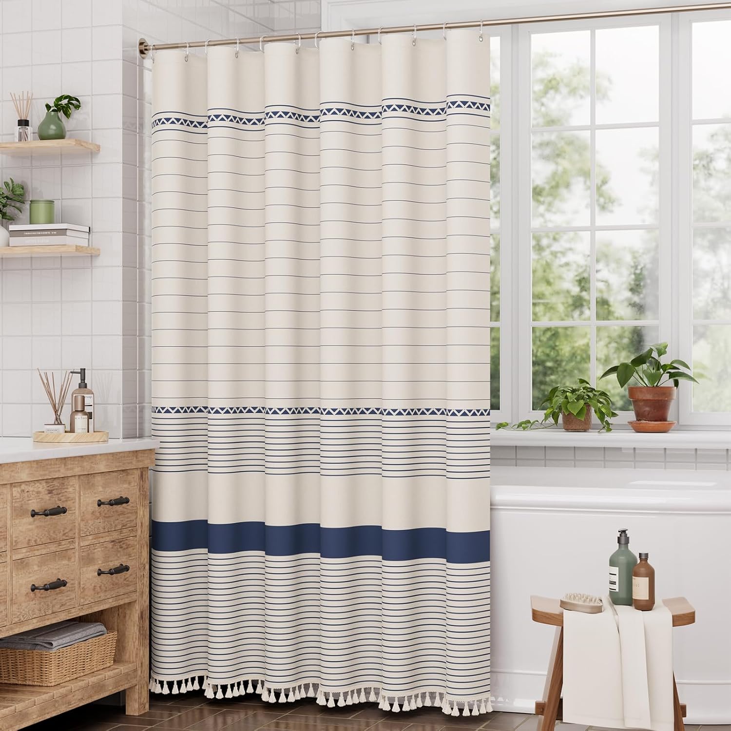 AmazerBath Boho Shower Curtain, Modern Farmhouse Shower Curtain Set with Tassels, Rustic Faux Linen Navy Blue Striped Shower Curtain with Hooks, Light Tan Toned, 72x72 Inches