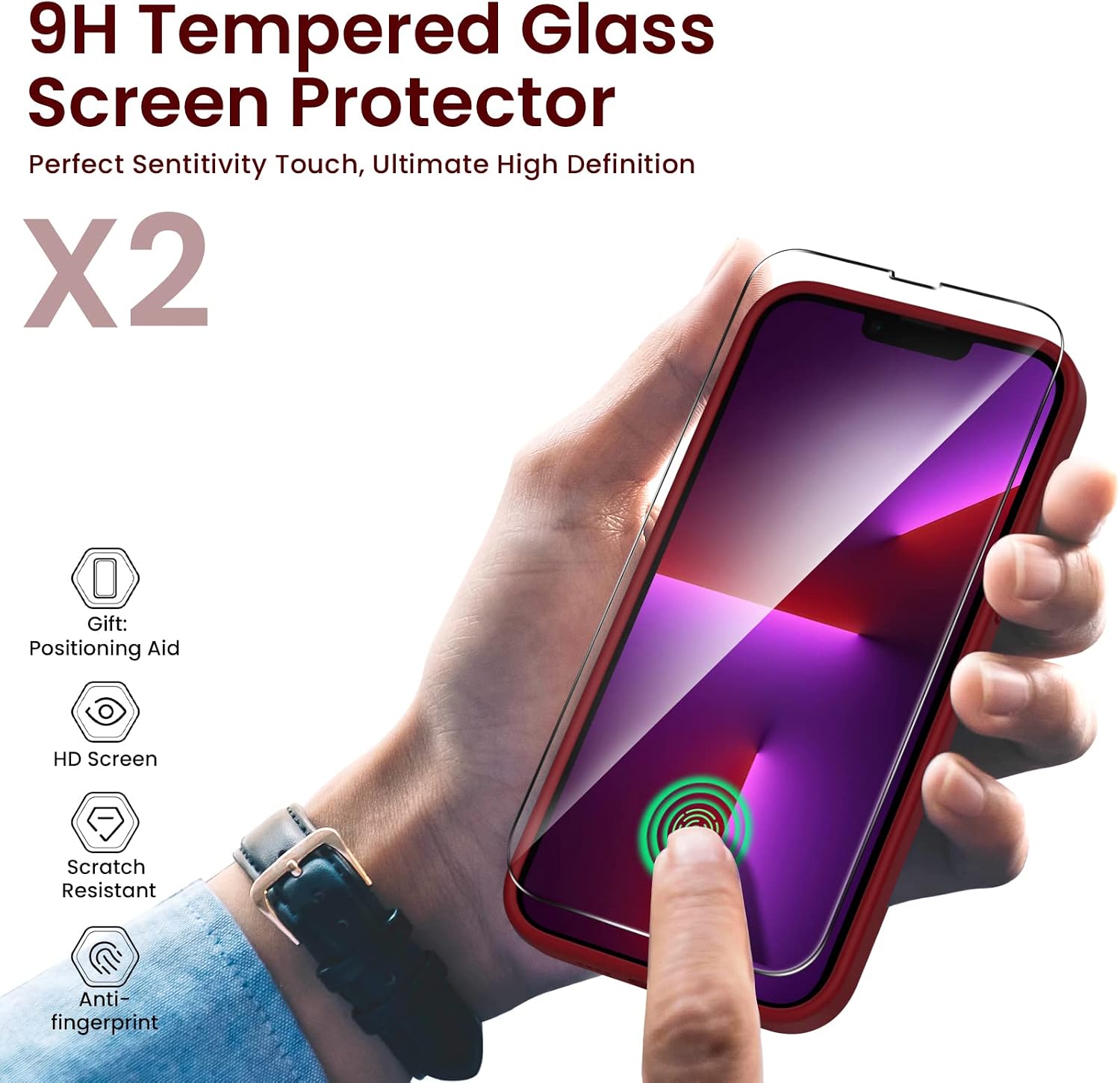 ORNARTO Designed for iPhone 13 Pro Max Case with Tempered Glass Screen Protector [2 Pack], Liquid Silicone Gel Rubber Cover [Full Body] Shockproof Protective Phone Case for iPhone 13 Pro Max-Red