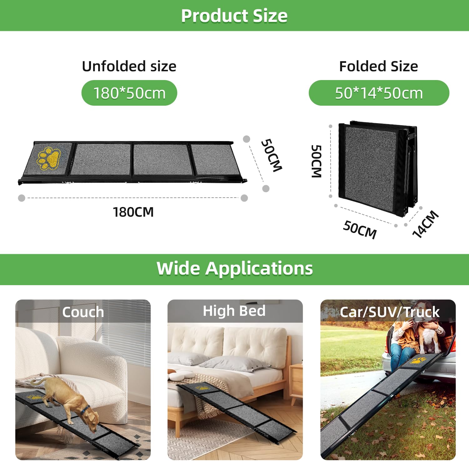 Rampe pour chien pliable extra longue 180 cm avec surface de tapis antidérapante pour petits, moyens et grands chiens - Rampe portable pour voiture, SUV, camion, canapé et lit