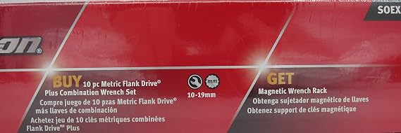 Snap-on 10 pc Metric Flank Drive 10-19mm Plus Combination Wrench Set SOEXM710 With Free Magnetic Wrench Rack