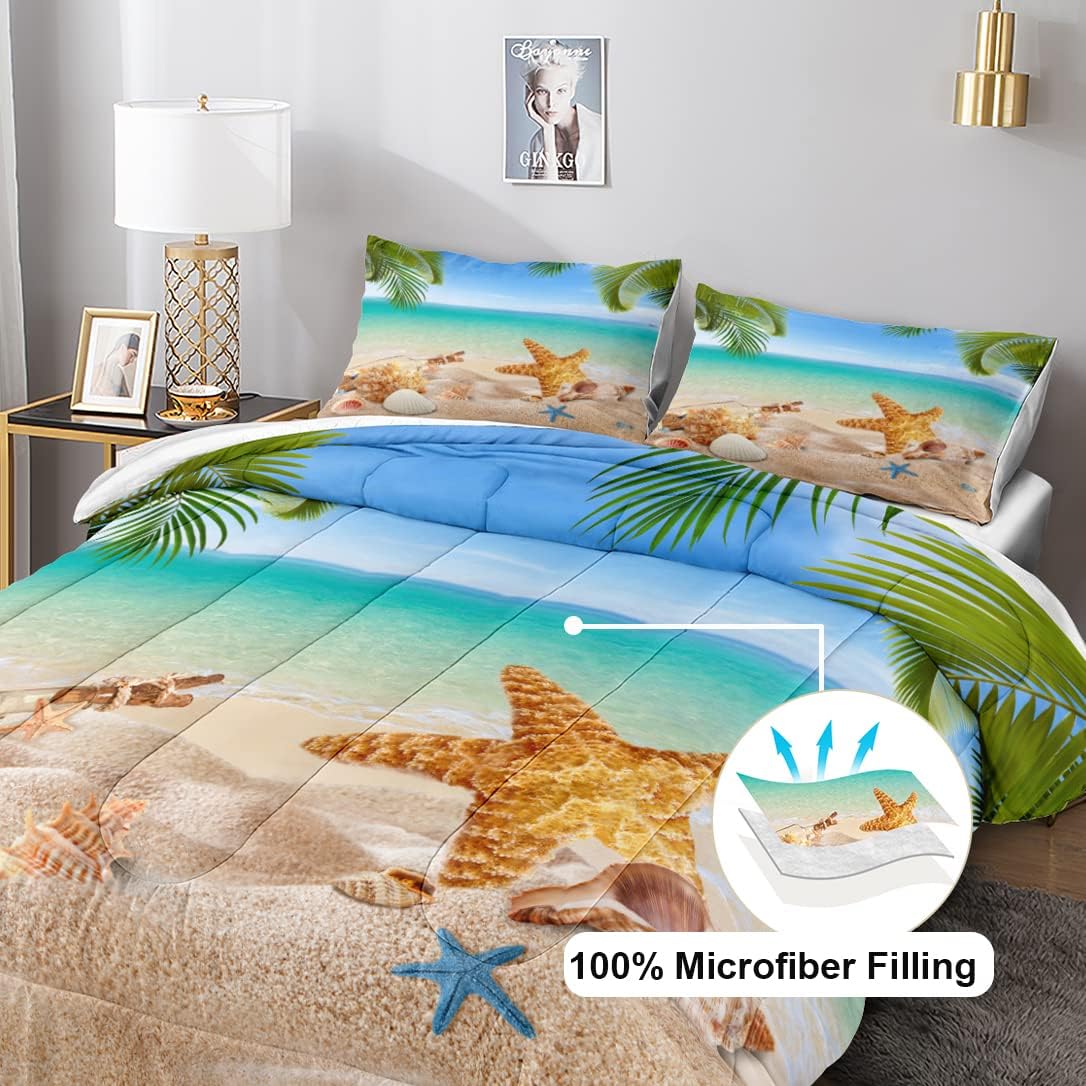 MOVE OVER Beach Themed Bedding Set Queen Blue Ocean Comforter Set Soft and Lightweight Hawaii Scenery Design Seashell Print Bedding Set 4 Pcs Tropical Beach Comforter Set for Bedroom