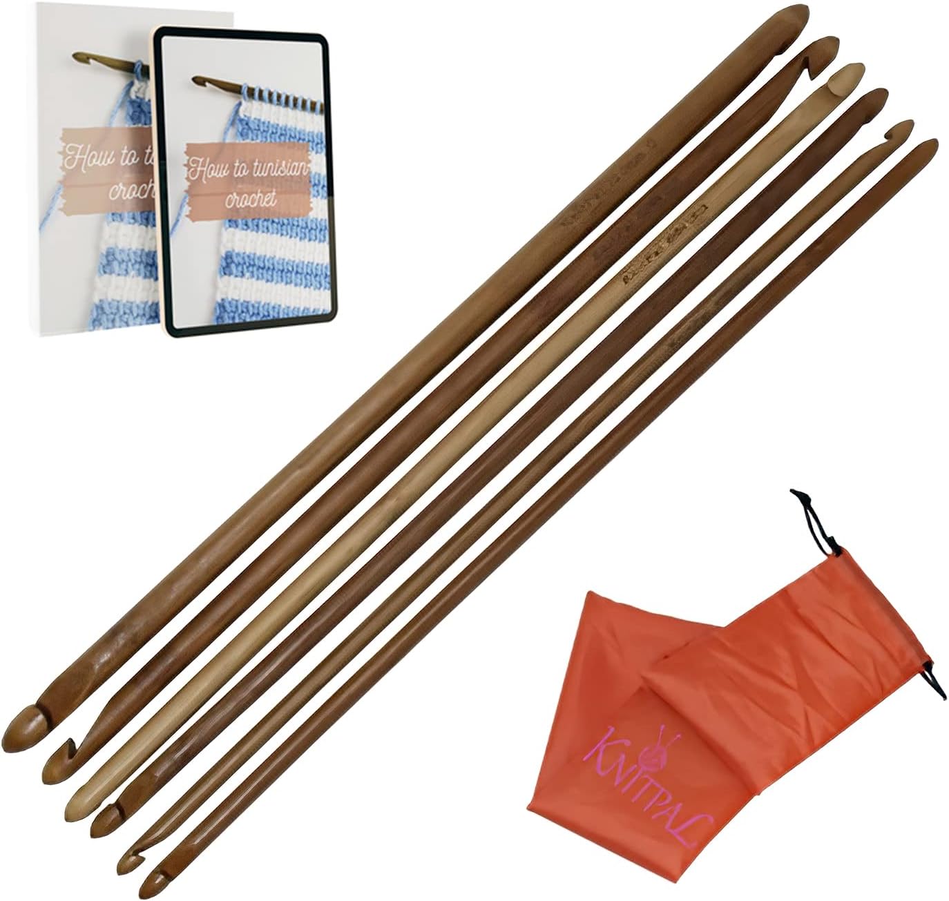 KnitPal 14-inch (35cm) Long Cro-Knit Double-Ended Afghan Crochet-Knit Hooks Set, (3 Free Patterns), 6 Sizes: A/2mm, B/2.5mm, C/2.75mm, D/3.25mm, E/3.5mm, and F/3.75mm