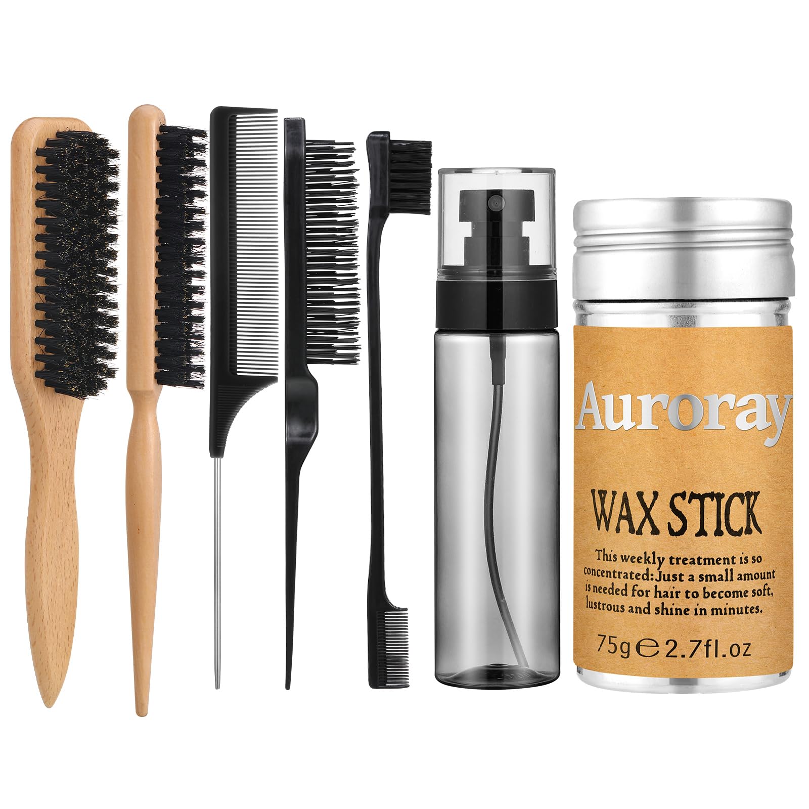 Boar Bristle Hair Brush, Slick Back Hair Brush, Hair Wax Stick and Spray Bottle for Women Men Sectioning Smoothing Parting Flyaways Hairs