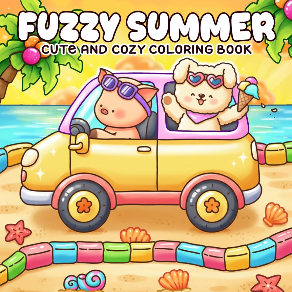 Fuzzy Summer Coloring Book: Adorable Animals in Cozy Summertime Adventure with Bold And Easy Coloring Pages for Adults & Kids Relaxation