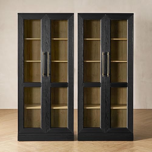 mopio Blake Tall Display Cabinet, Kitchen Buffet Pantry Cupboard, Trophy Display Case, Storage Cabinet Scratch Resistant Acrylic, Modern Farmhouse Curio Organizer (Black Oak Acrylic, Set of 2)