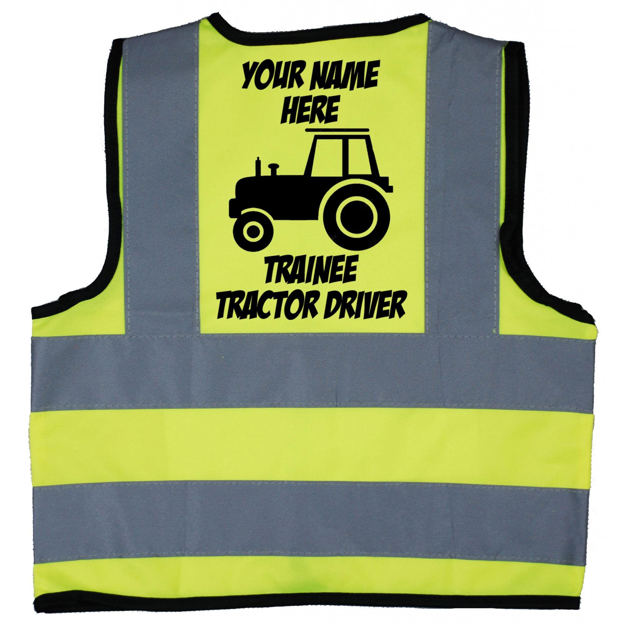 Acce Products Personalised Trainee Tractor Driver Baby, Toddler, Children, Kids Hi Vis Safety Jacket Vest Size 4-6 Years Yellow Optional Text On Front