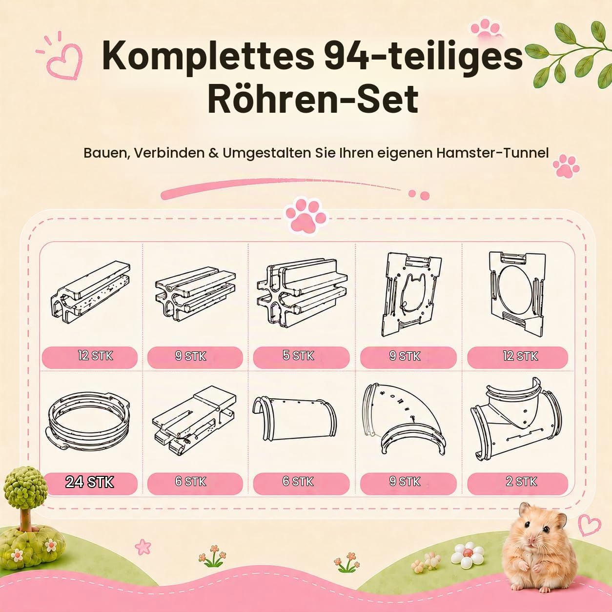 94 Stück DIY Hamstertunnel und Spielplatzmodul, Tube House Plattform Übung für Maus Hamster und andere kleine Tiere