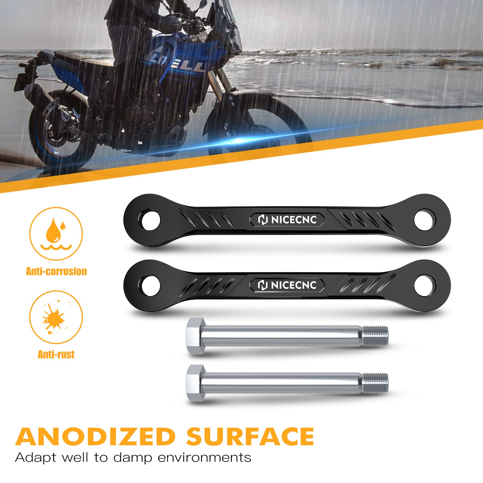 NICECNC Link di abbassamento nero in alluminio billet da 38 mm, Compatible with Yamaha Tenere 700/XTZ700 2019-2024, Tenere 700 Rally Edition 2020-2024