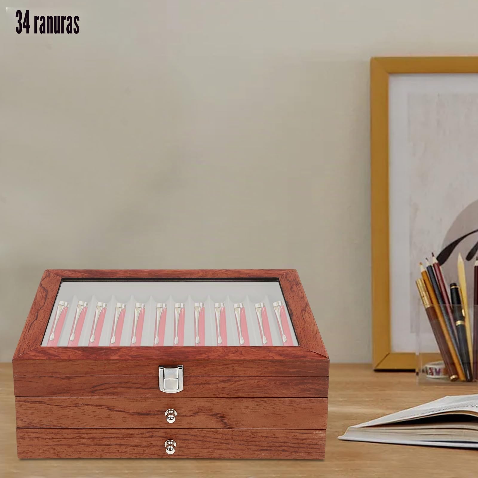 Organizador de madera para pluma estilográfica, caja de regalo para guardar Shop Home Collection Display Portalápices para mostrar y organizar bolígrafos (color de registro, 34 cuadrículas de