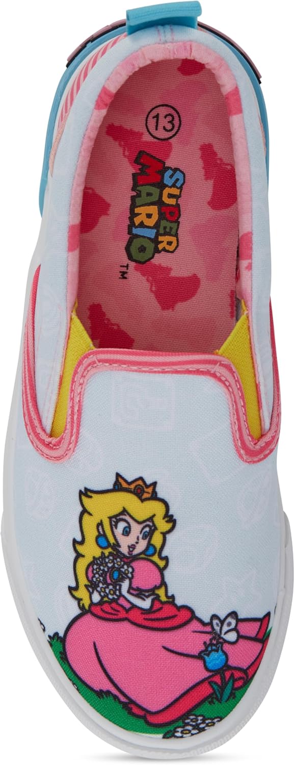 Nintendo Girls Peach Slip On Sneakers - Super Mario Shoes - Mario, Luigi, Kirby and Donkey Kong Slip On Shoes