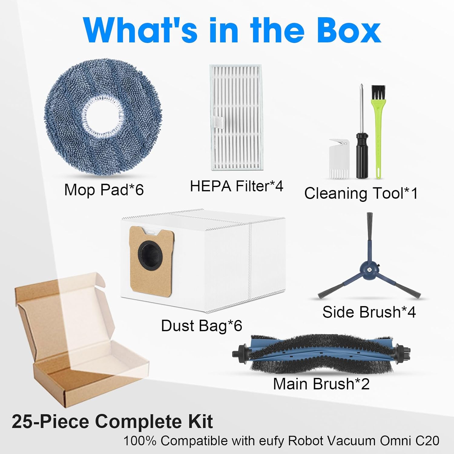 25PCS C20 Replacement Parts for eufy Omni C20 Vacuum Cleaner Includes Main Brush, Mop Pads, HEPA Filters, Dust Bags, Side Brushes High-Performance Compatible with eufy Robot Vacuum Cleaner