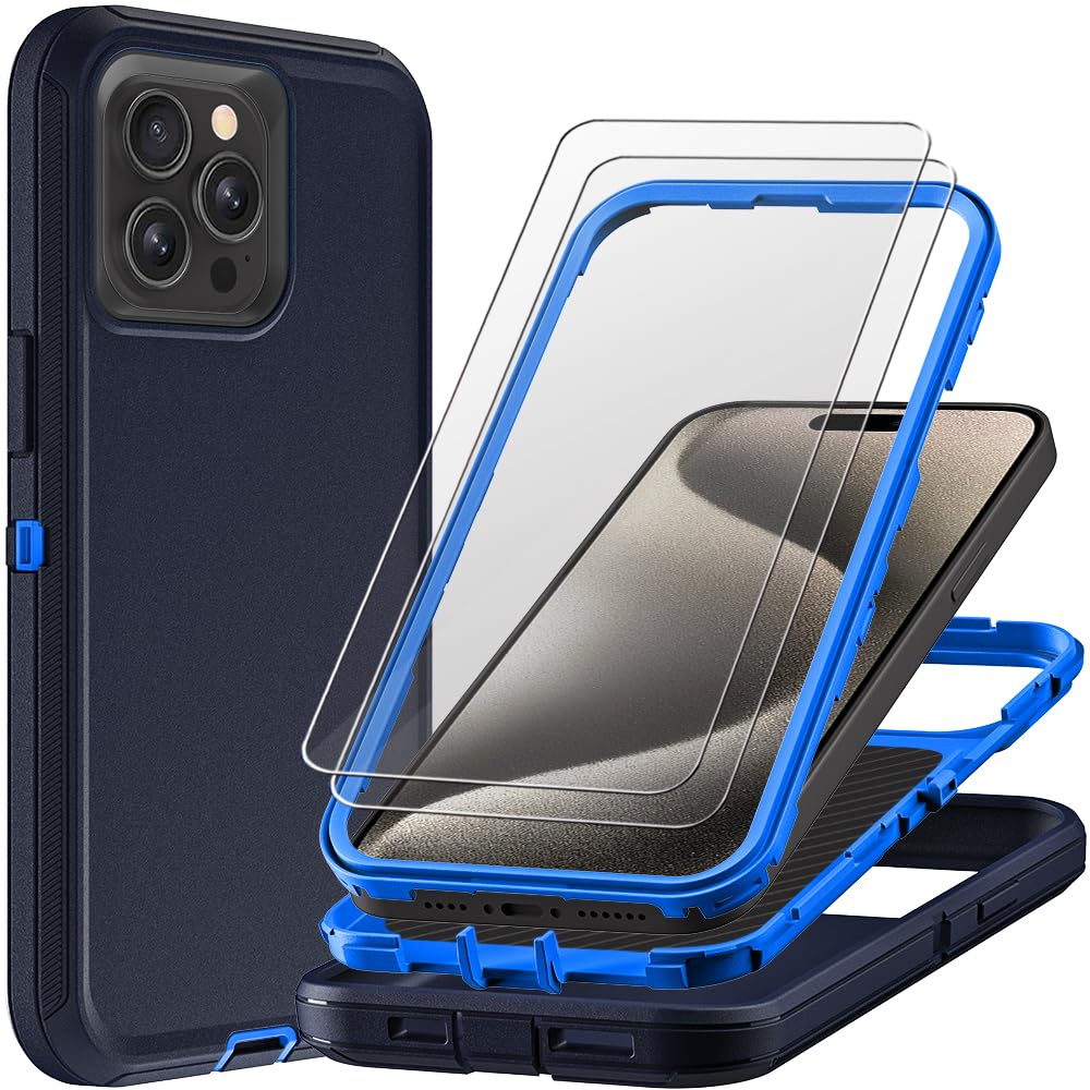 TFDSEUGH for iPhone 15 Pro Max Case with 2Pcs Tempered Glass Screen Protector, Military Grade 3 in 1 Heavy Duty Shockproof/Drop Proof/Dust Proof Case