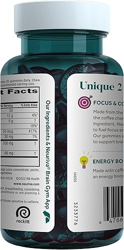 Miniatura 12 de NEURIVA Gomitas para el cerebro + energía, suplementos nootrópicos para el cerebro para el enfoque y la concentración con Neurofactor, vitamina B12