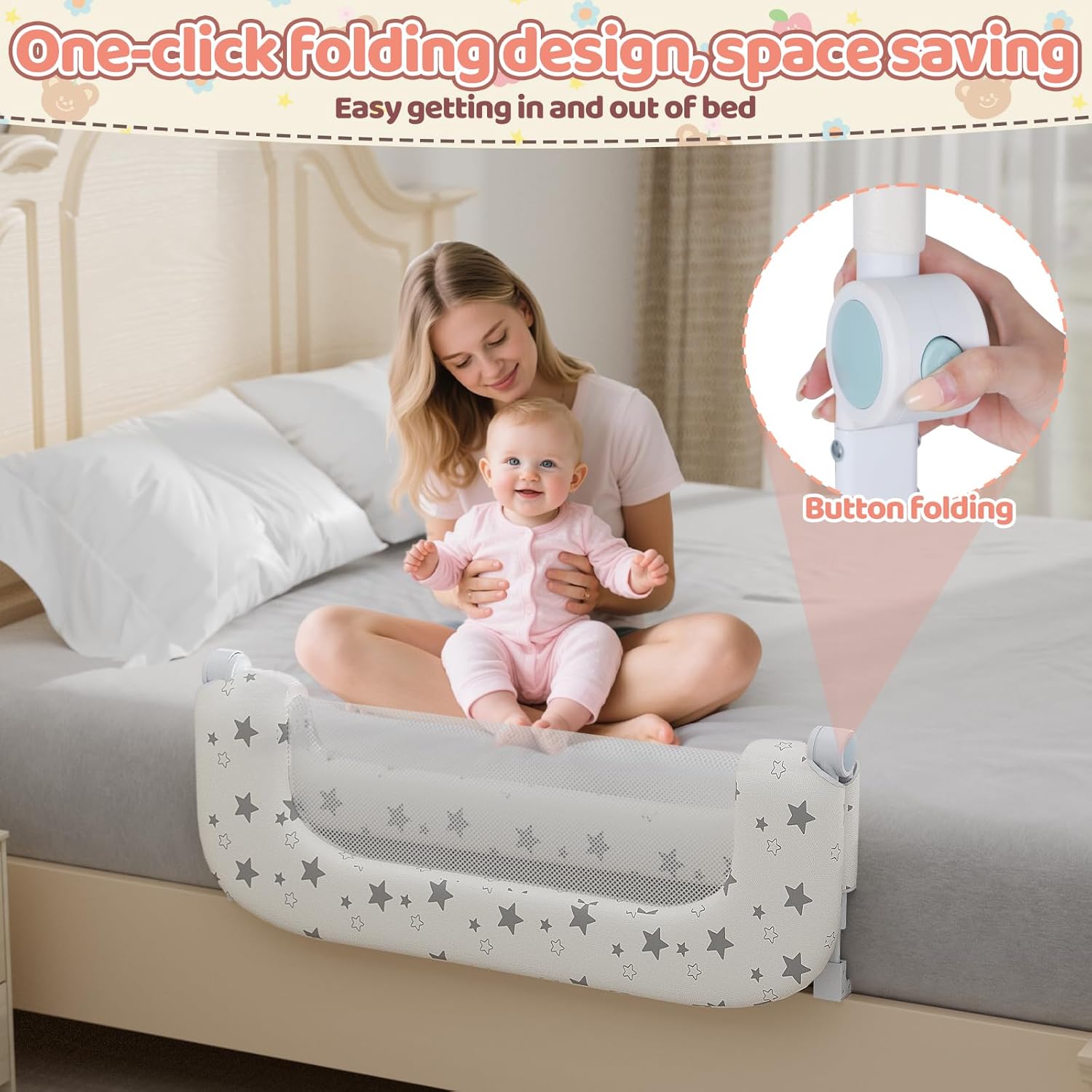 Bed Rail for Toddlers, 32" Foldable Toddler Bed Rails Bed Safety Rail,Height Adjustable Baby Bed Rail Guard for Crib Twin, Full, Queen Bunk Size Bed