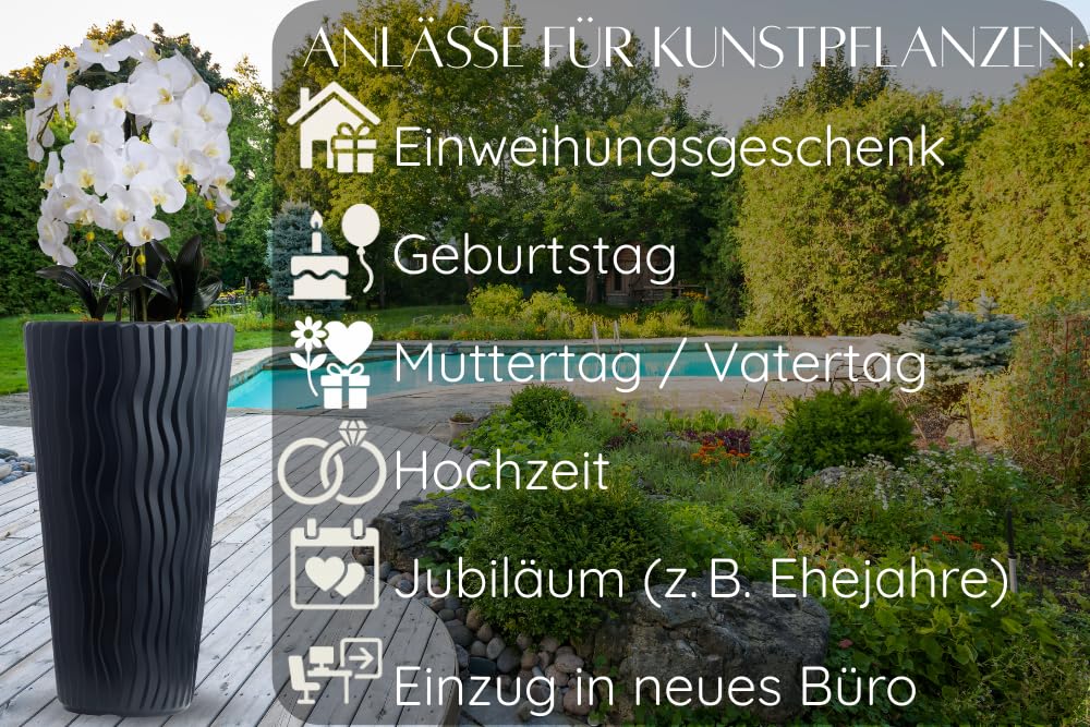 Orchideengesteck kunstlich im Topf schwarz matt, 6 Rispen, weiße lebensgetreue Blüten wie Echt, 130x40cm, skandinavisch | XXL Arrangement Dekoblumen Kunstpflanze - Hochzeitsdekoration Empfangsbereich