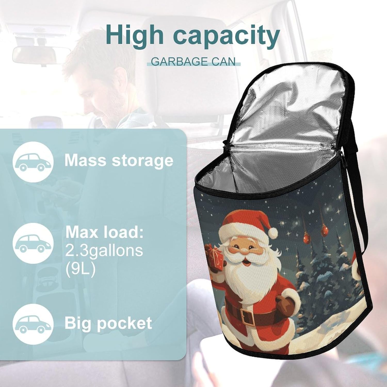 Hanging Car Trash Bag Christmas Santa Claus Printed Car Garbage Storage Bag Leakproof Car Trash Can Portable Garbage Storage Bags