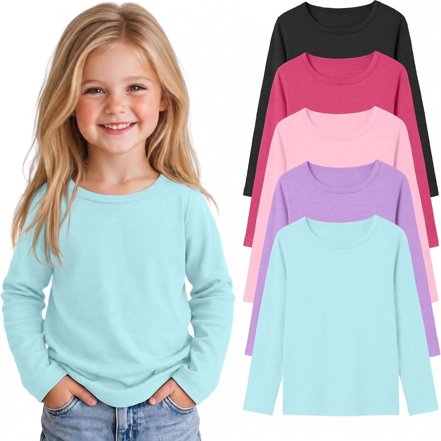 5 Pack Toddler Girls Long Sleeve Basic Tee Shirts