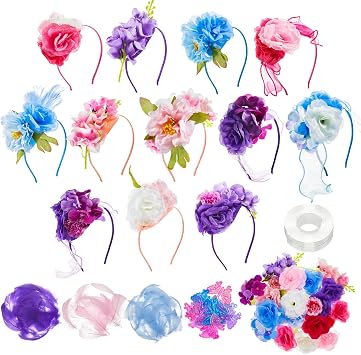 353 Pcs Headband Making Kit for Women Include 12 Headbands 24 Fake Flowers 300 Feathers 4 Mesh Ribbons 1 Roll Double Faced Adhesive Tape 12 Butterfly Accessories for DIY Hair Tea Party Decor