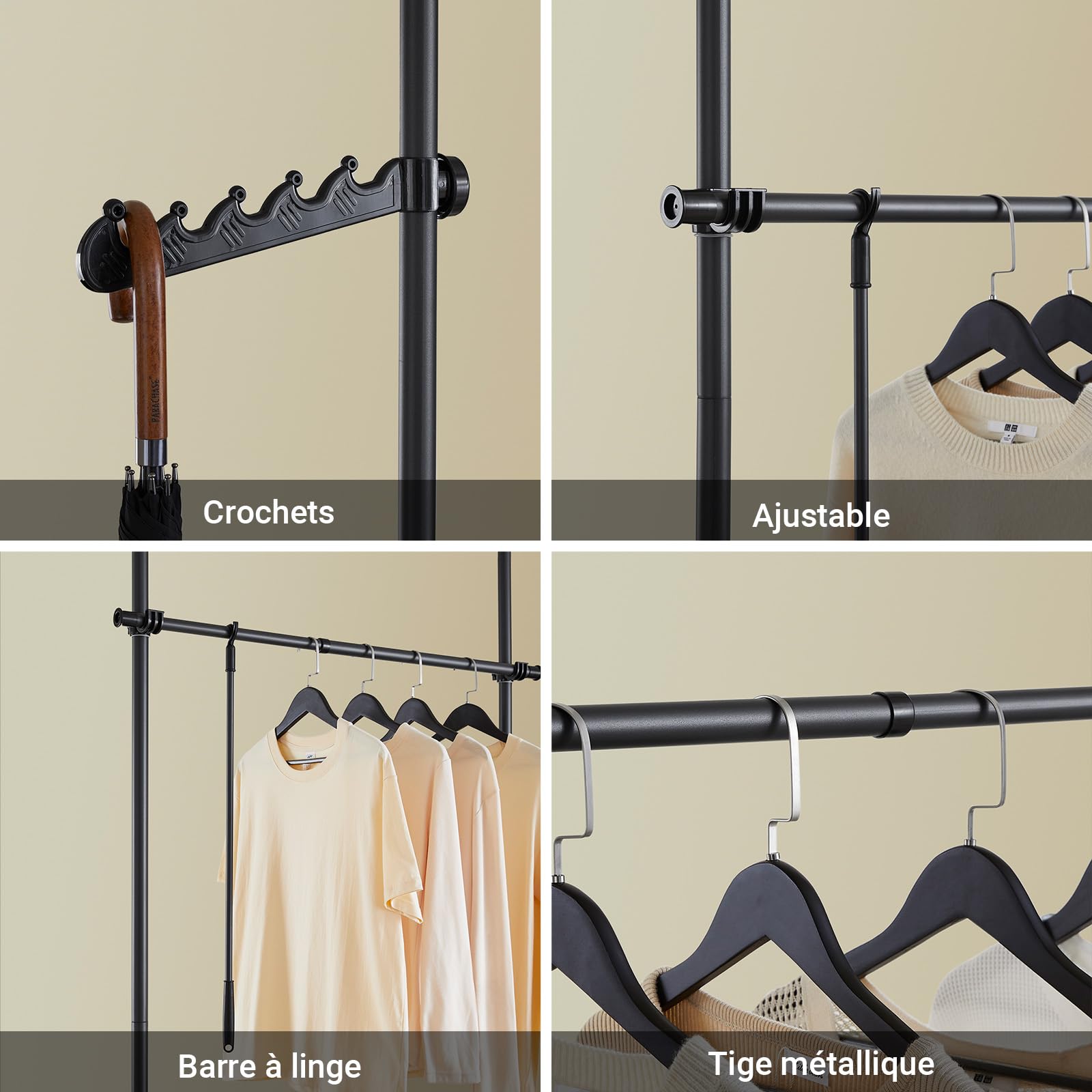 SoBuy Tringle à Vêtements Télescopique robuste pour dressing | Portant à vêtements réglable avec barres de suspension, rangement chambre, Noir FRG109-II-SCH
